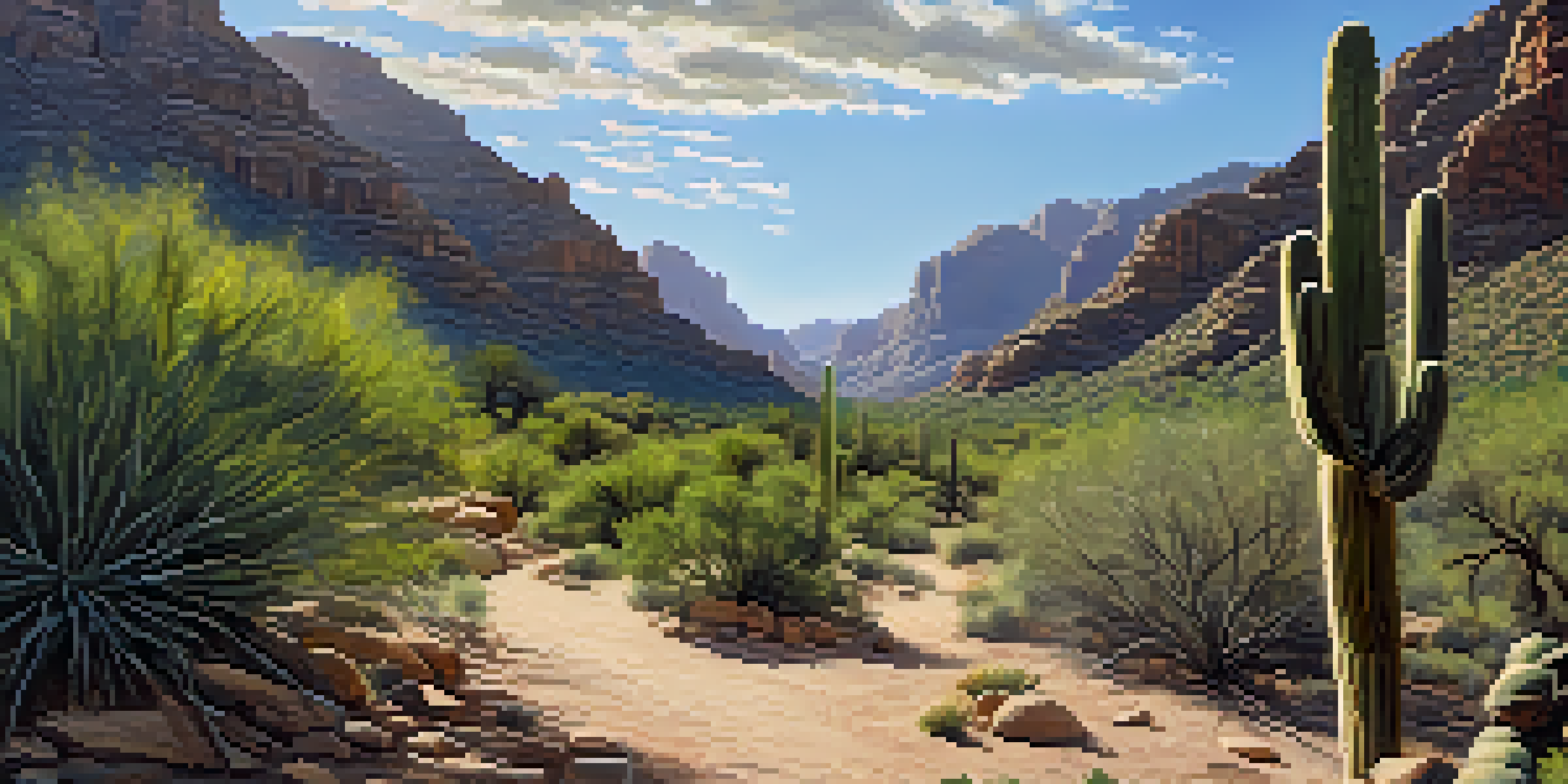 A picturesque landscape of Sabino Canyon with hiking trails, lots of greenery, and a picnic setup under the trees.