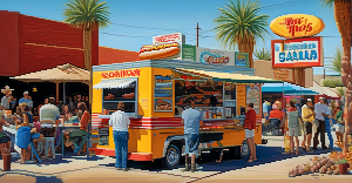 A lively street scene in Tucson with a food truck selling Sonoran hot dogs, surrounded by people and desert plants.