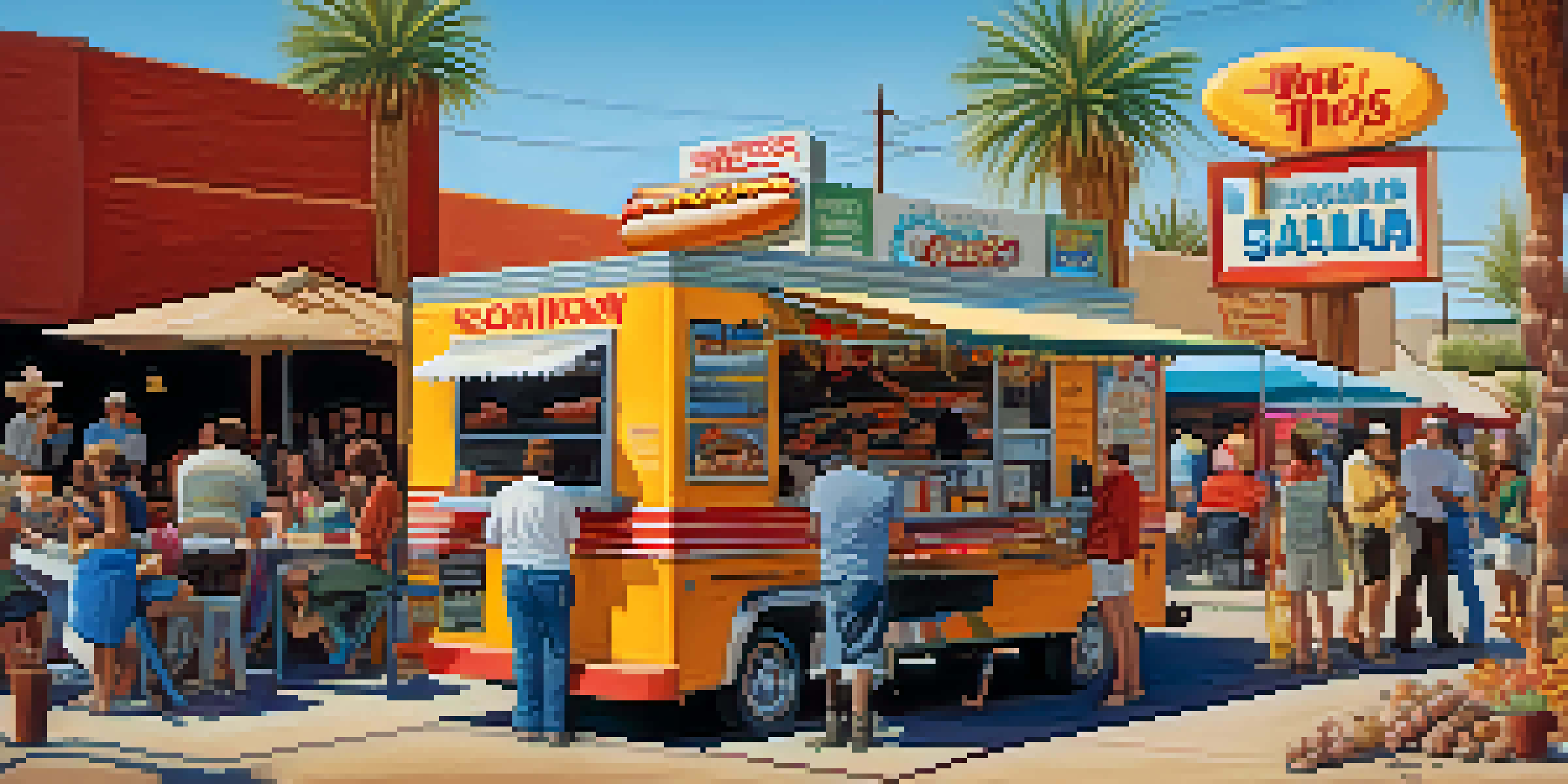 A lively street scene in Tucson with a food truck selling Sonoran hot dogs, surrounded by people and desert plants.
