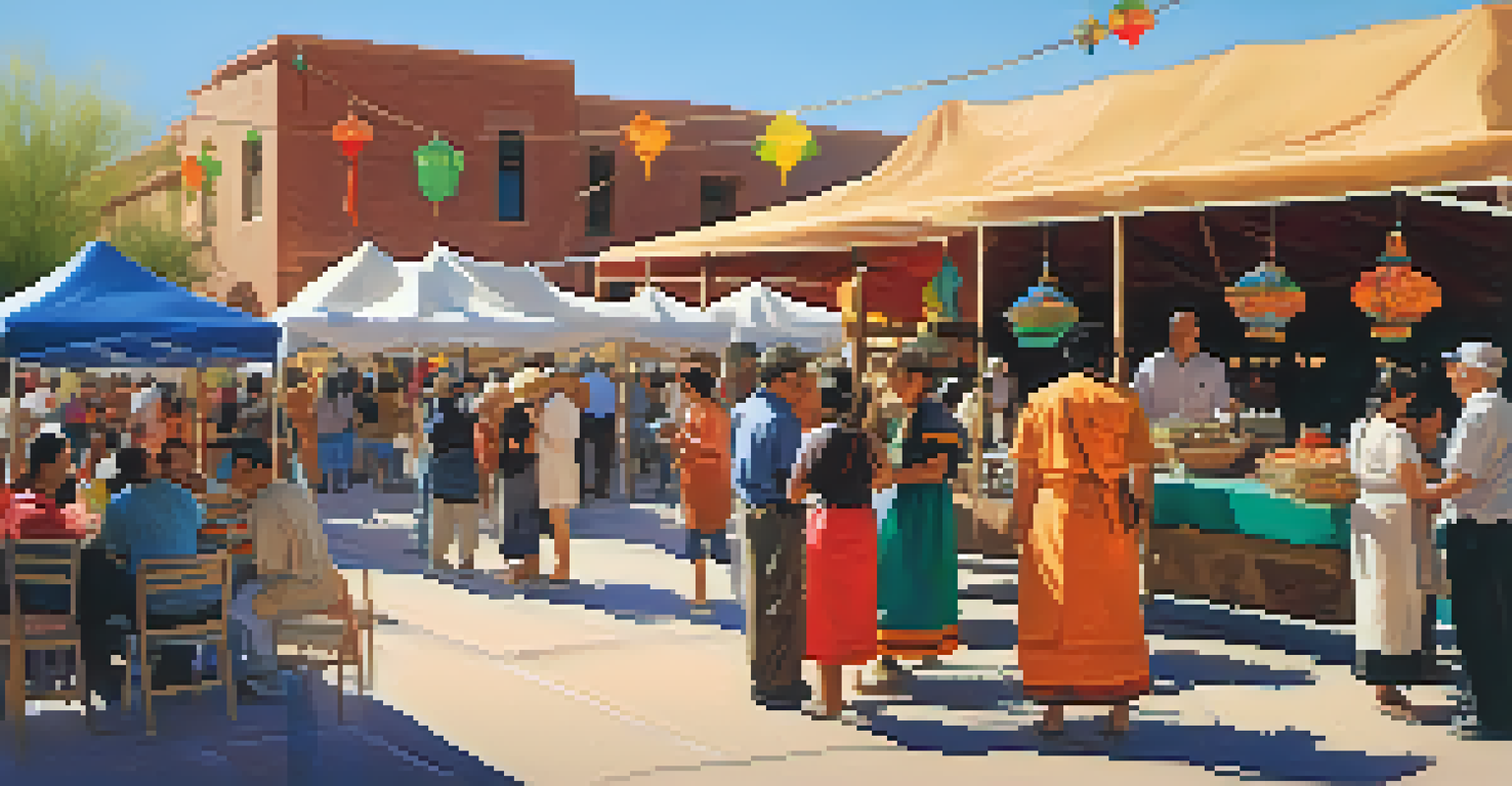 A bustling Tucson Meet Yourself festival with cultural booths, traditional foods, and diverse people enjoying the festivities.