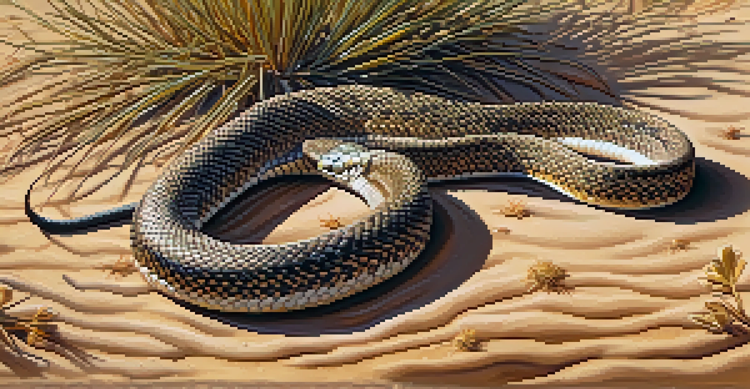 A Coachwhip snake moving across sand in the desert, showcasing its slender body and unique colors in the dappled sunlight.