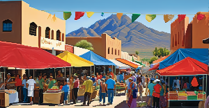 A lively open-air market in Tucson with diverse people, colorful stalls, and mountains in the background.