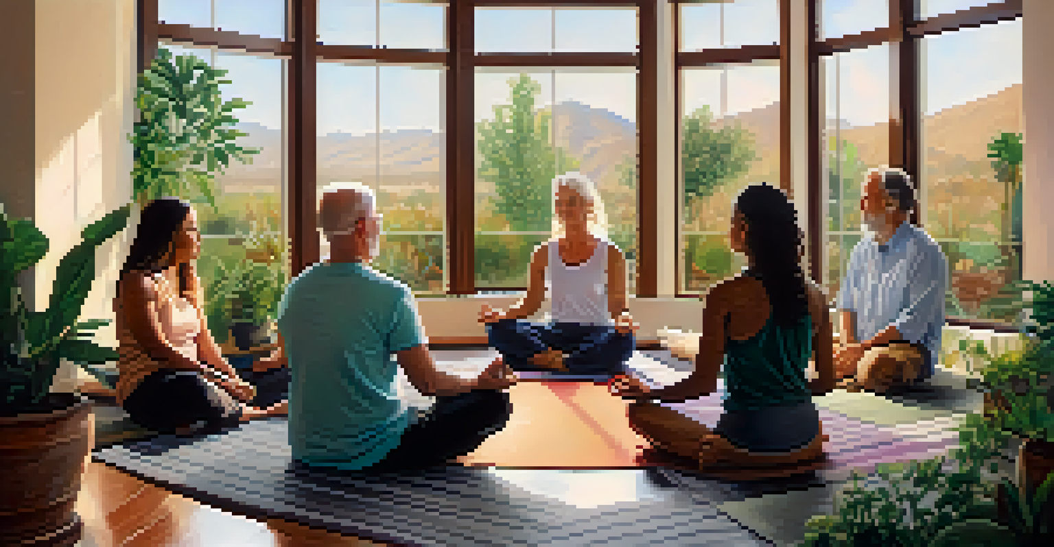 A mindfulness meditation session at a spiritual center in Tucson, with a diverse group of participants.