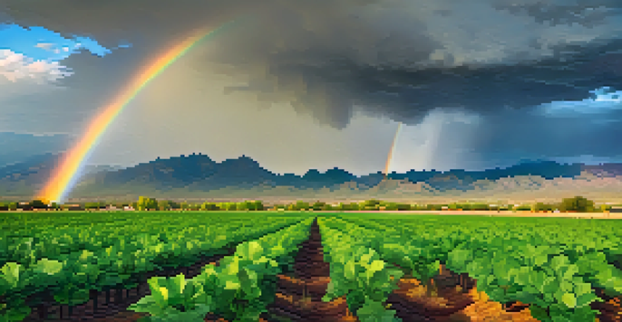 A scenic view of Tucson's agricultural fields thriving during the monsoon season, with dark clouds, rain, and a rainbow enhancing the landscape.