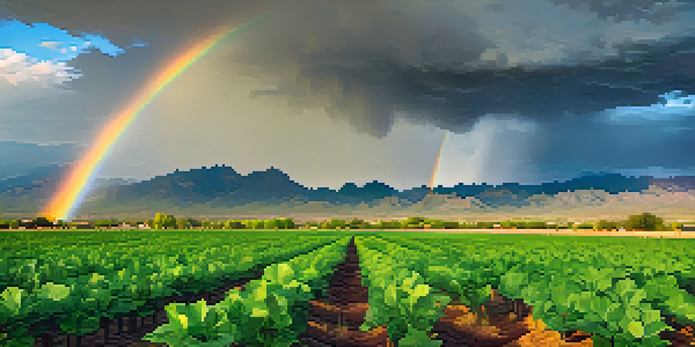 A scenic view of Tucson's agricultural fields thriving during the monsoon season, with dark clouds, rain, and a rainbow enhancing the landscape.