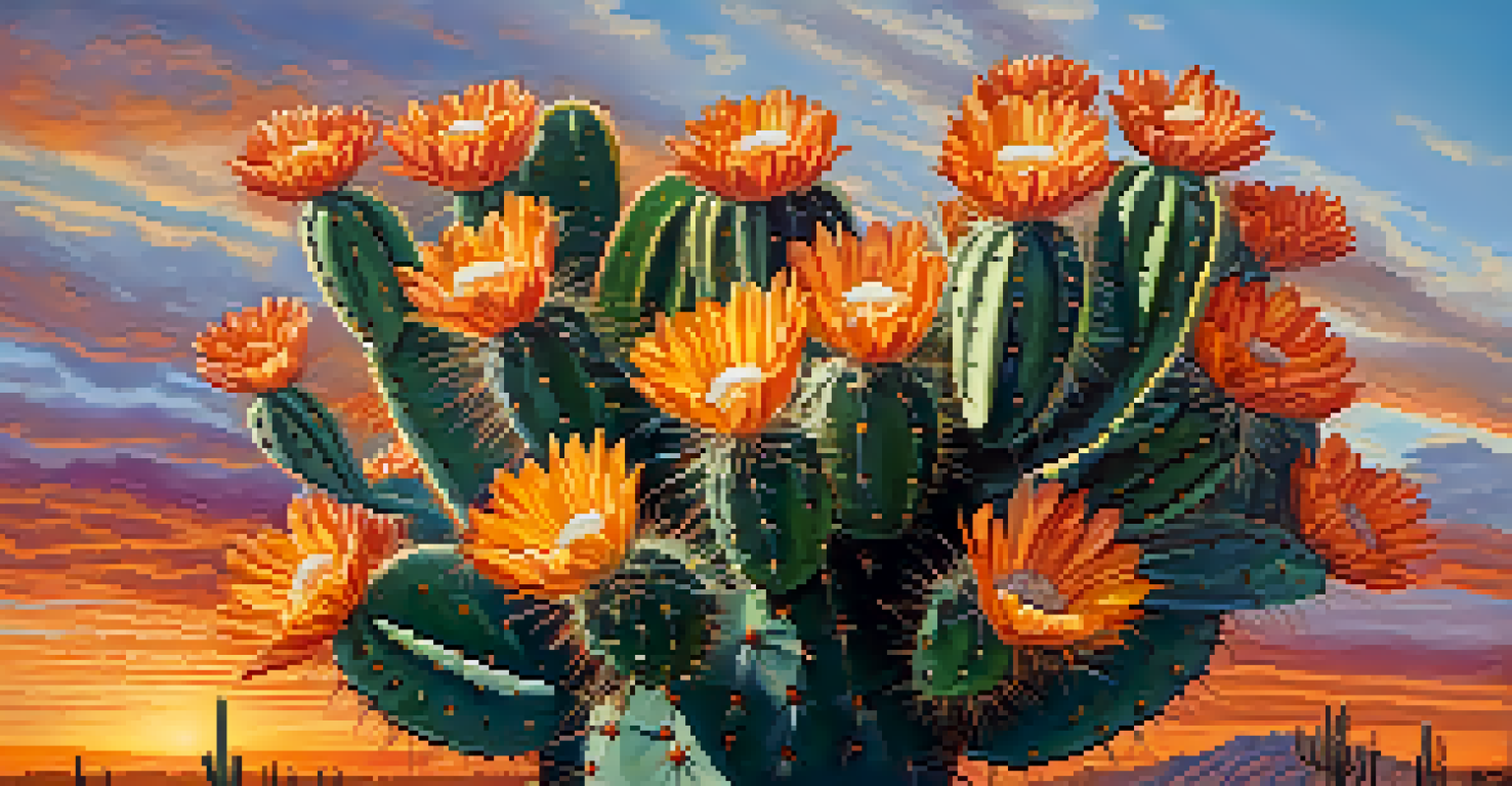 A close-up of a blooming saguaro cactus with flowers at sunset.