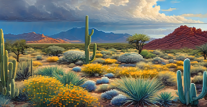 A colorful desert landscape in Tucson with cacti and wildflowers after a summer rain, under a bright blue sky.