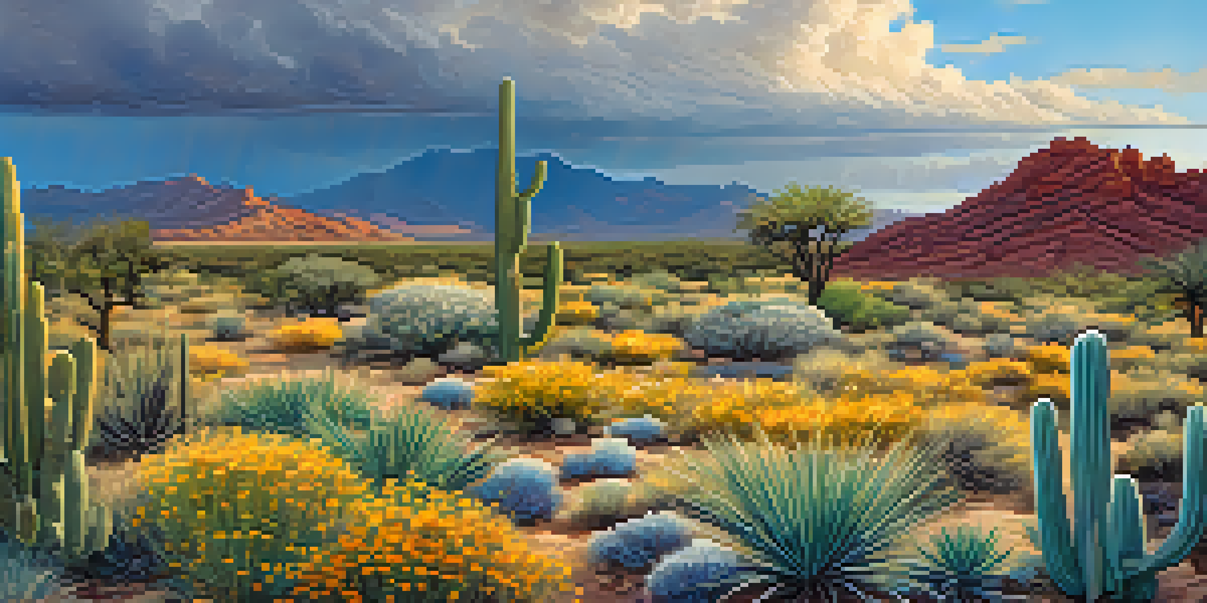 A colorful desert landscape in Tucson with cacti and wildflowers after a summer rain, under a bright blue sky.