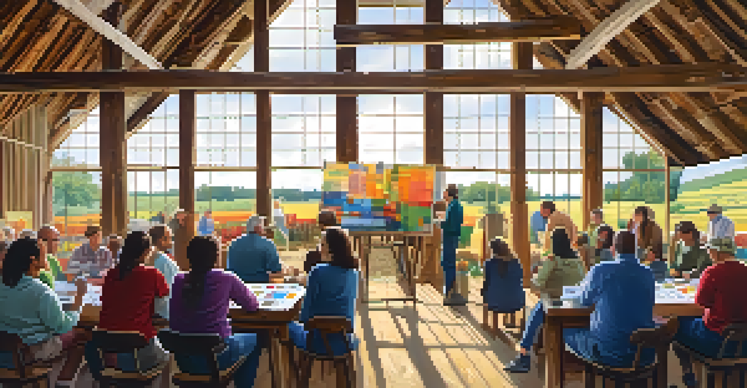 Farmers attending a sustainable farming workshop inside a rustic barn.