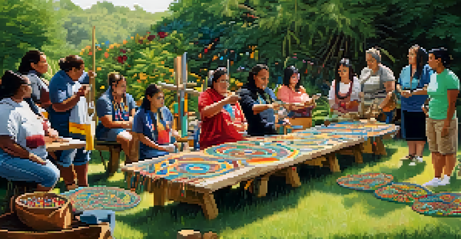 A Native American artist instructing a beadwork workshop outdoors, with participants engaged in creating their own beadwork amidst a beautiful garden setting.