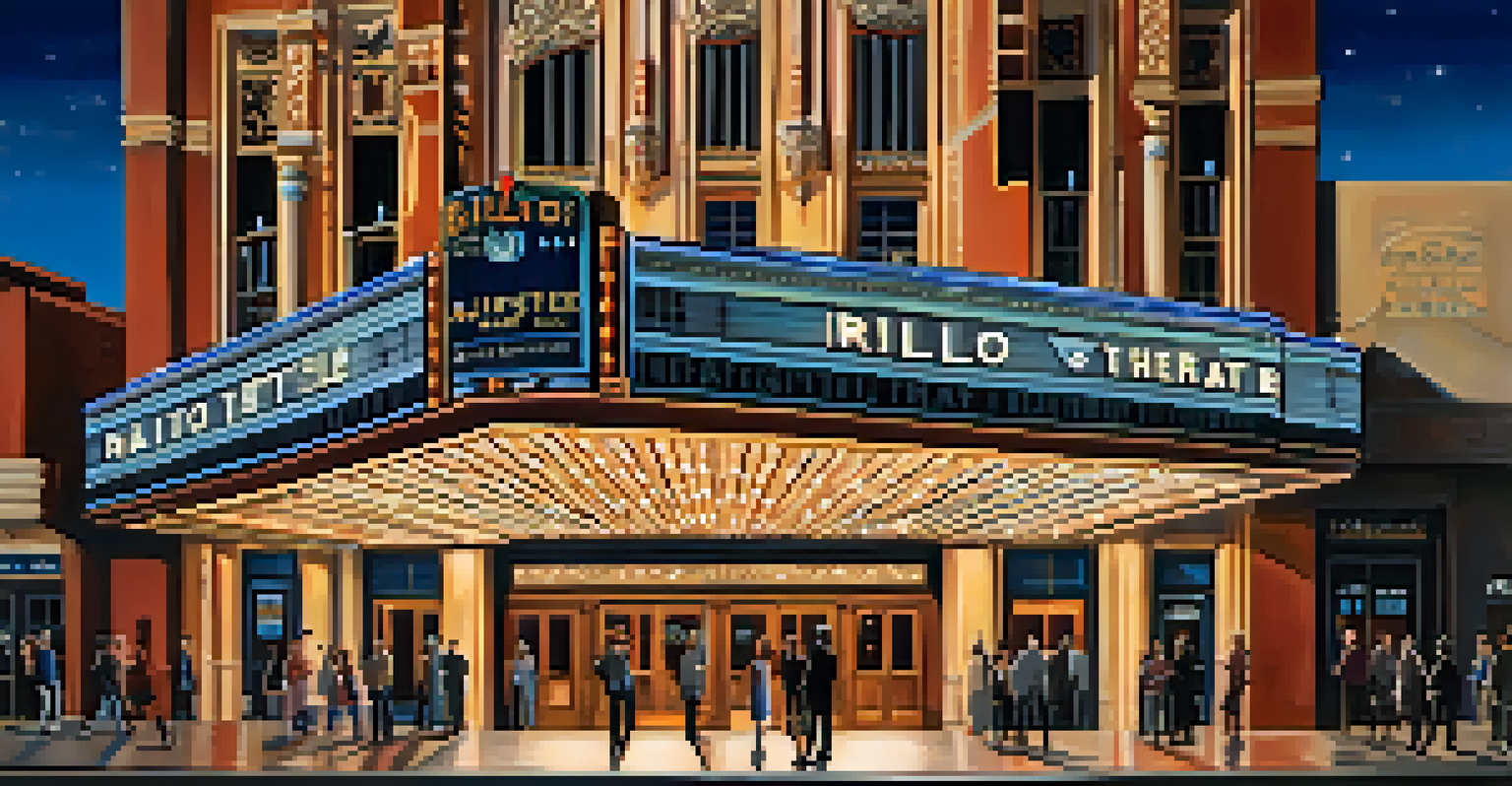 The historic Rialto Theatre in Tucson, featuring its Art Deco architecture and illuminated marquee, with people gathering outside for a concert.