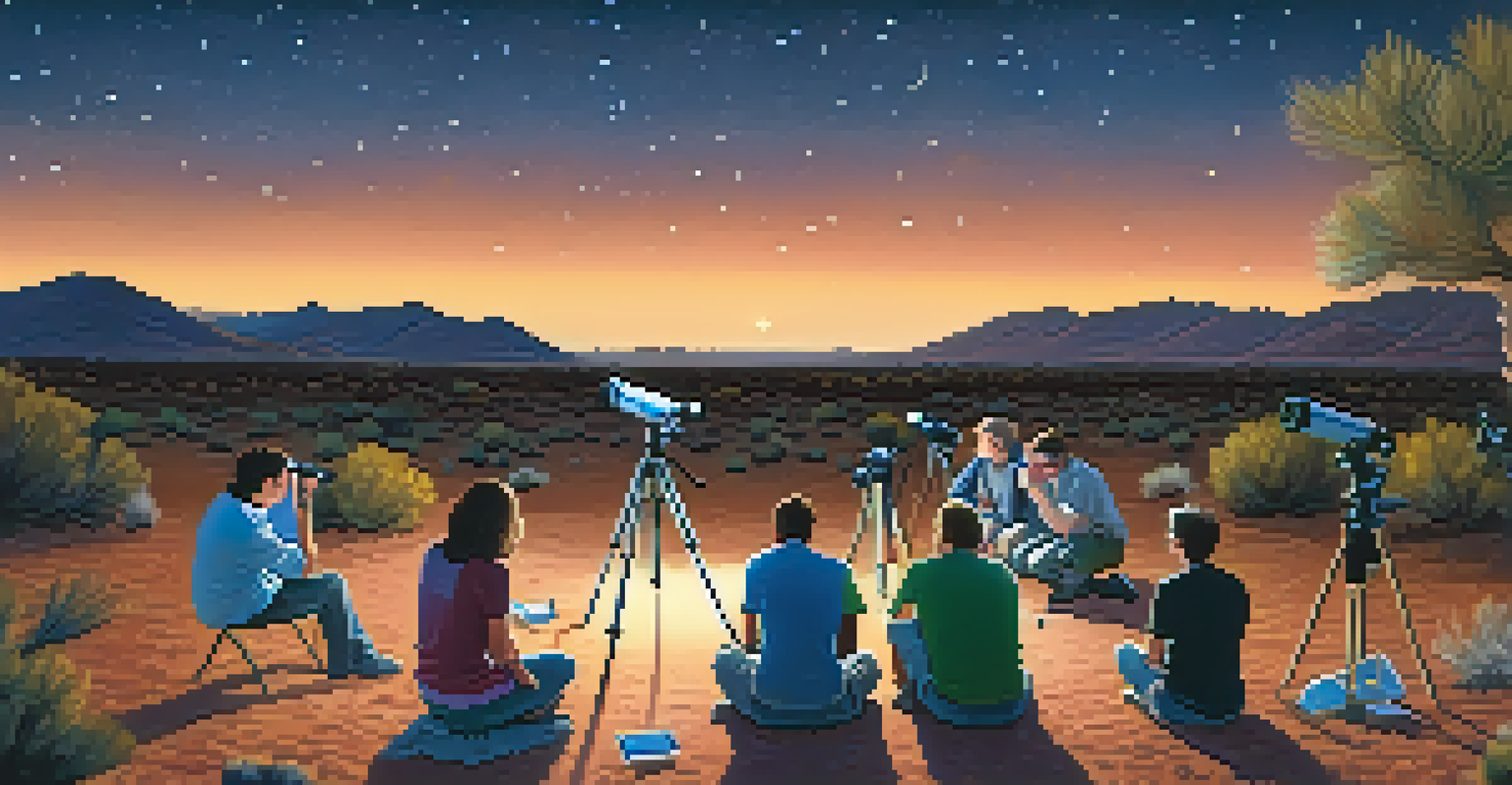 Participants in an astronomy workshop engaged in astrophotography, with telescopes and a starlit desert background.