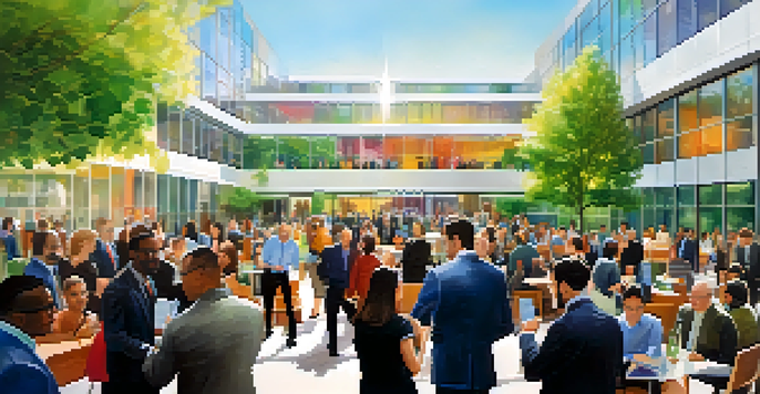 A lively university networking event with researchers and business leaders interacting in a modern campus setting.