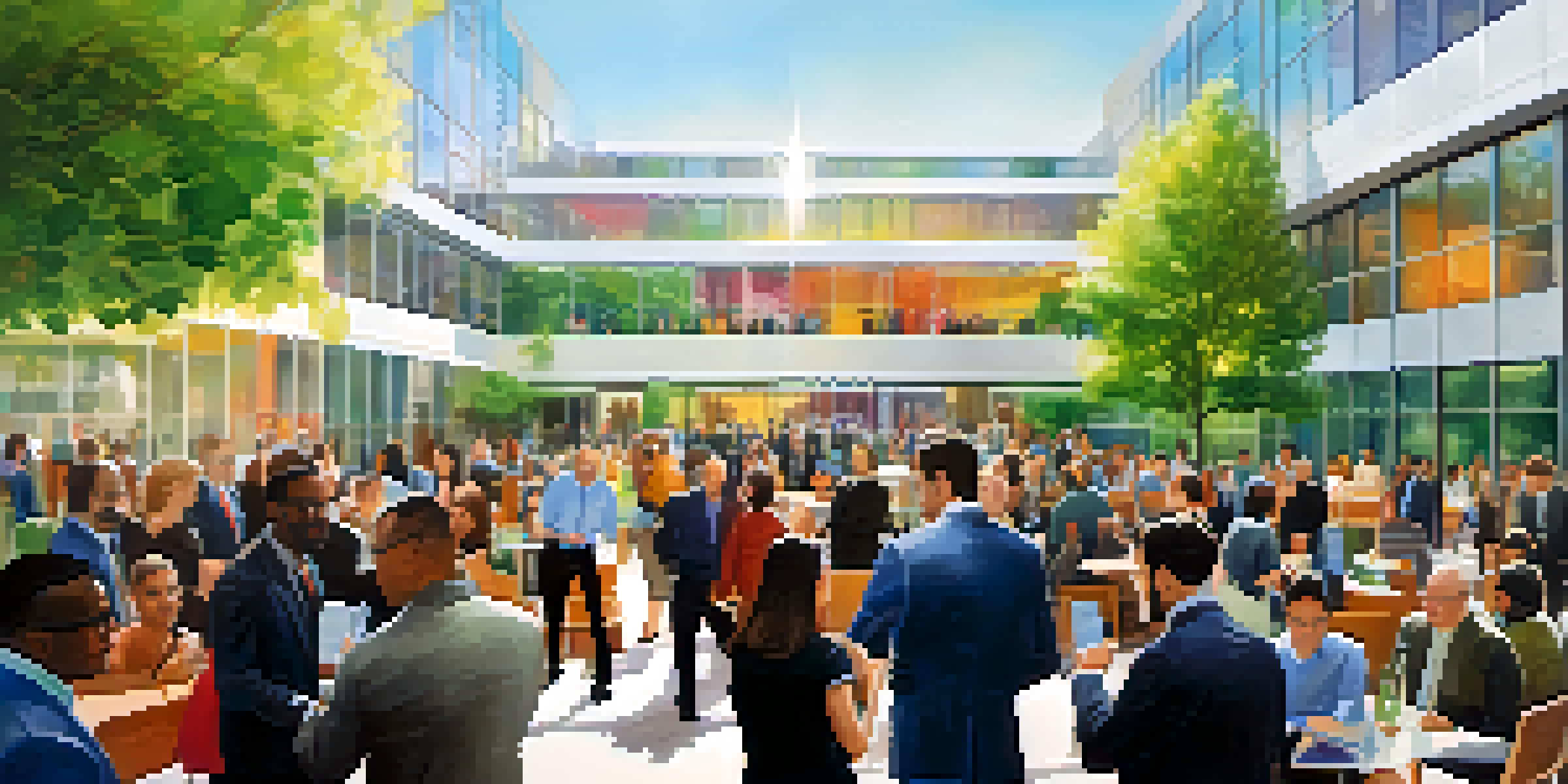 A lively university networking event with researchers and business leaders interacting in a modern campus setting.