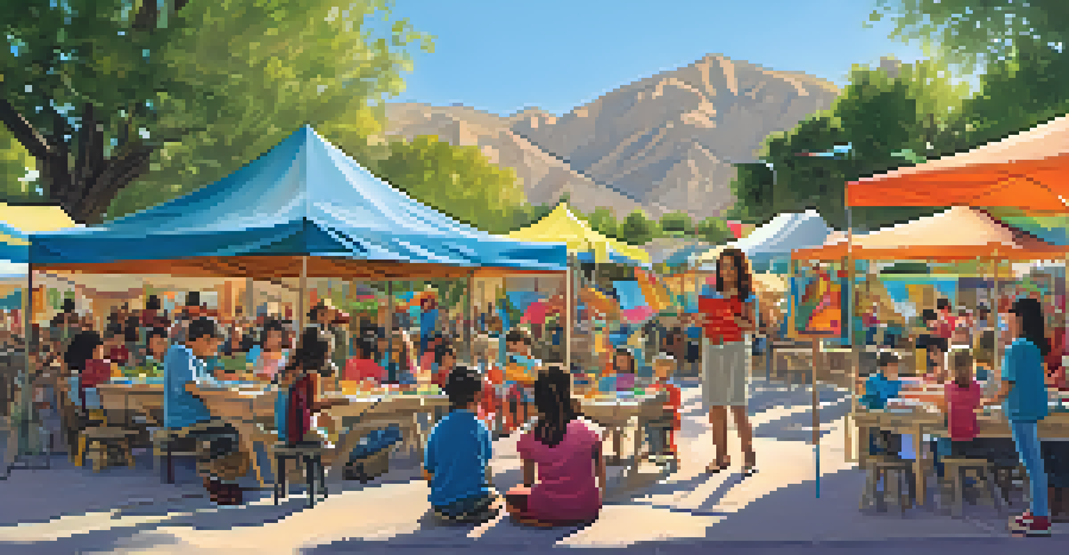A family area at a festival where children are crafting and listening to storytelling, surrounded by colorful tents and engaging activities.