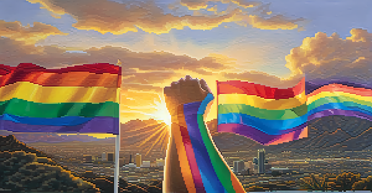 Hands holding a rainbow flag with Tucson's mountains at sunset in the background, symbolizing unity and pride.