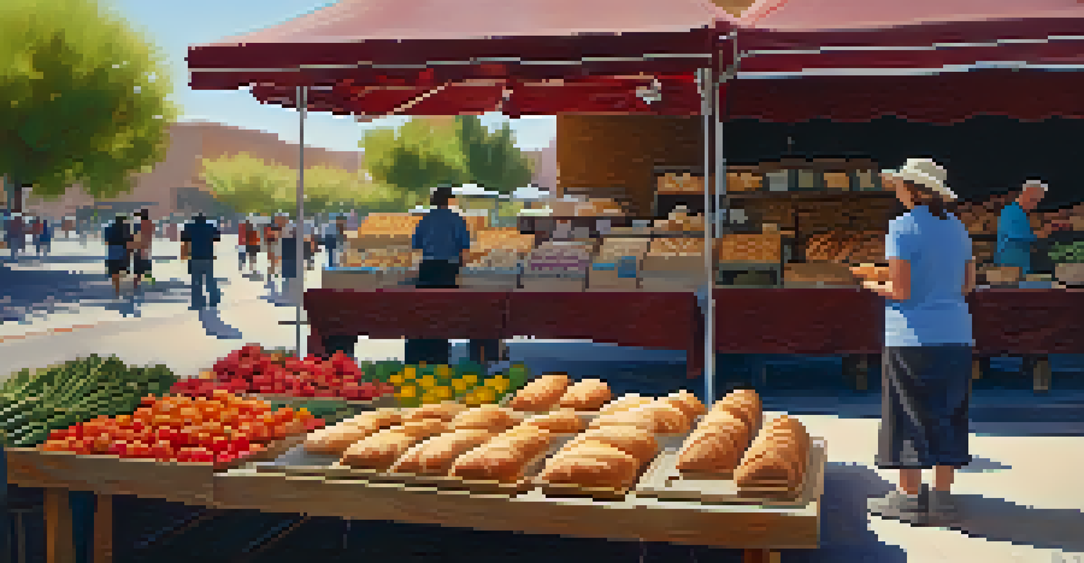 A peaceful early morning at a farmers' market in Tucson, with a vendor showcasing freshly baked bread and vibrant surroundings.