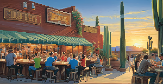 An outdoor patio at a Tucson craft brewery with patrons enjoying beers, colorful murals, cacti, and flowers in a warm golden hour light.