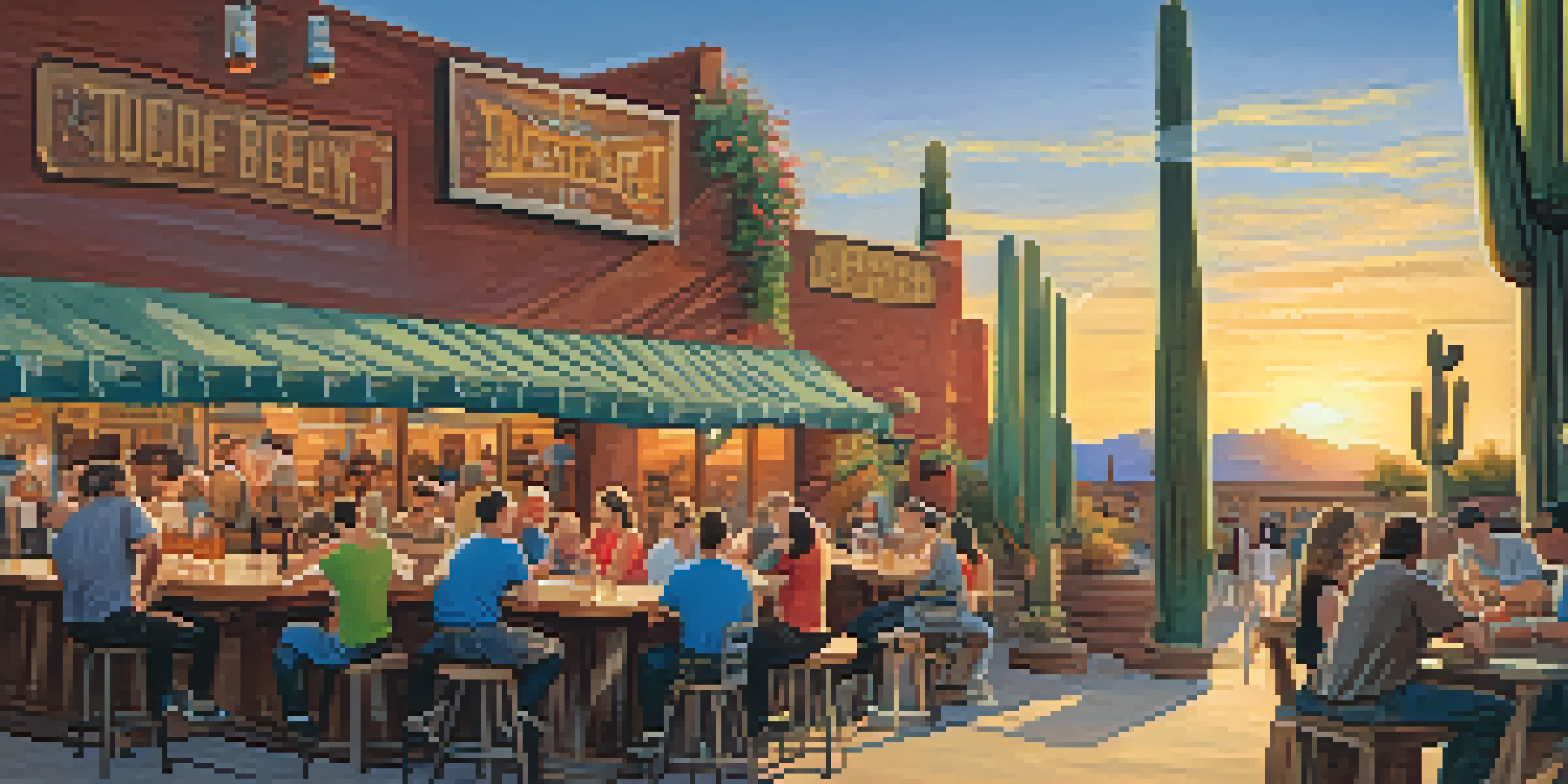 An outdoor patio at a Tucson craft brewery with patrons enjoying beers, colorful murals, cacti, and flowers in a warm golden hour light.