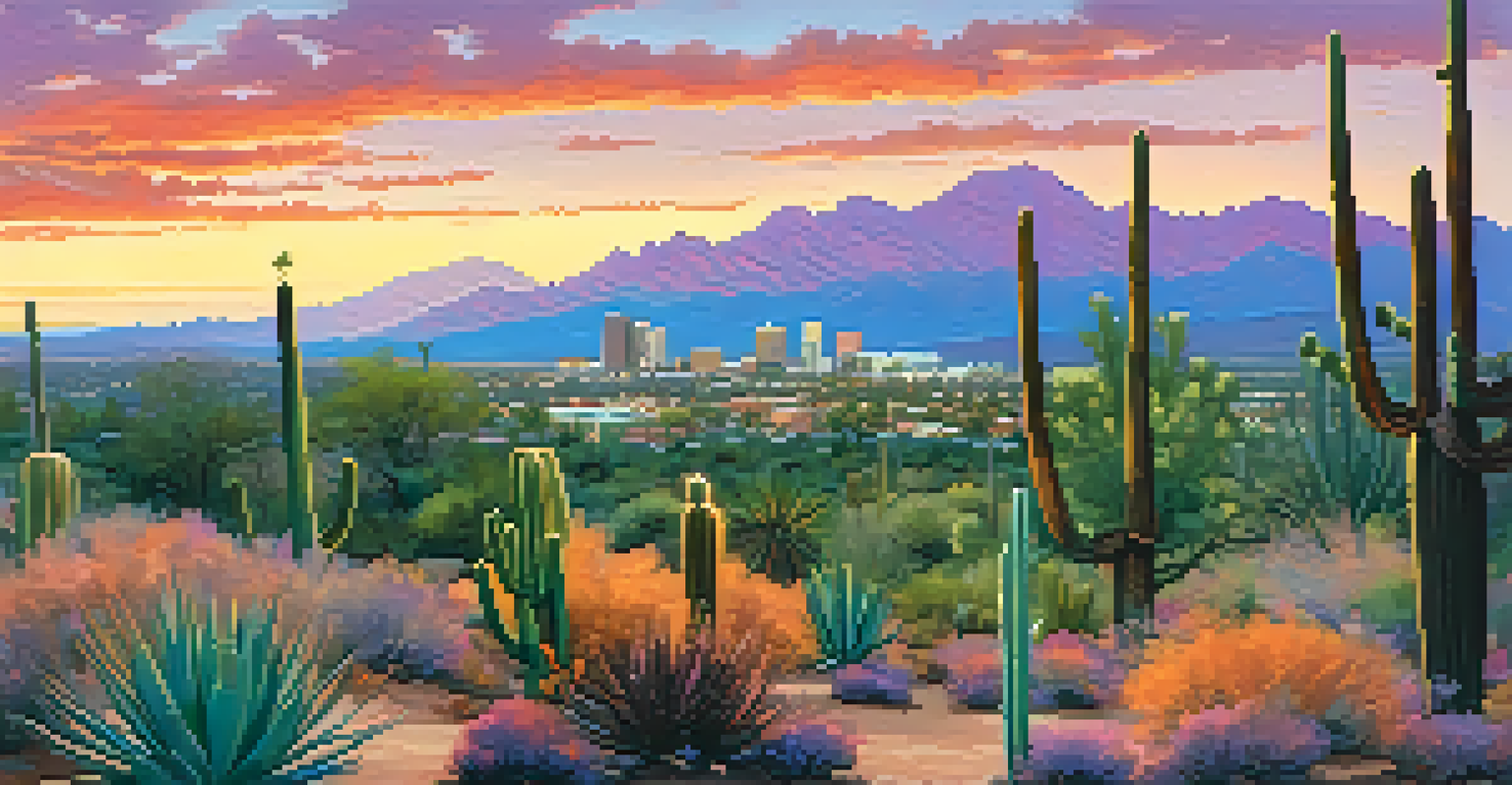 A panoramic sunset view of Tucson with the University of Arizona campus and colorful sky.