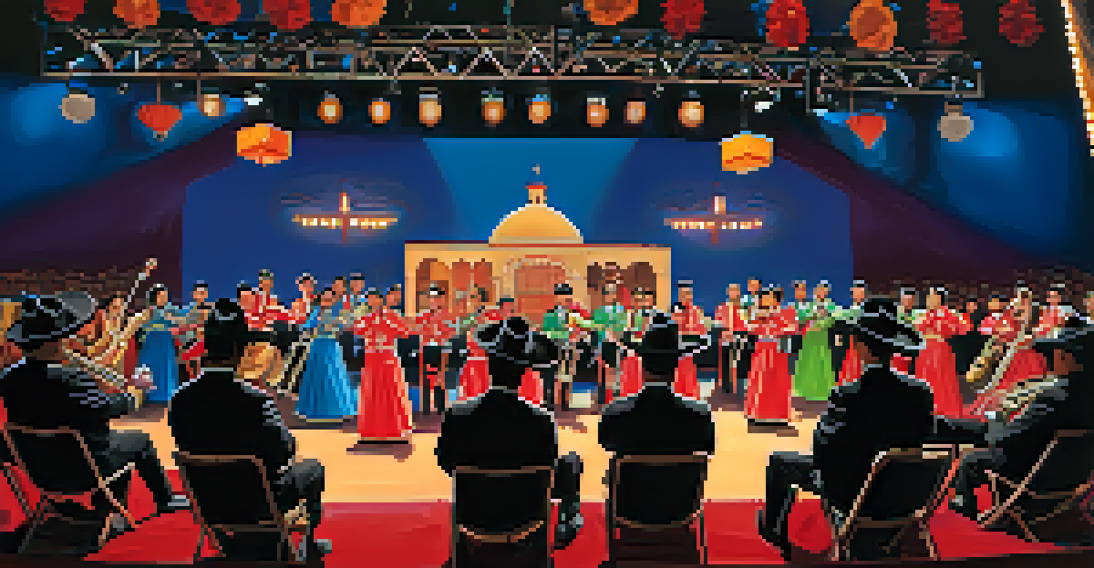 Mariachi musicians in traditional attire performing on stage at a vibrant cultural conference, with an engaged audience.