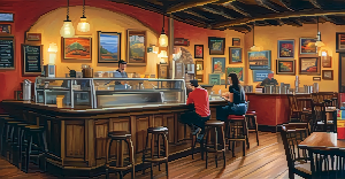 Interior of a cozy cafe in Tucson, with wooden furniture, colorful artwork, and a barista serving coffee to patrons.