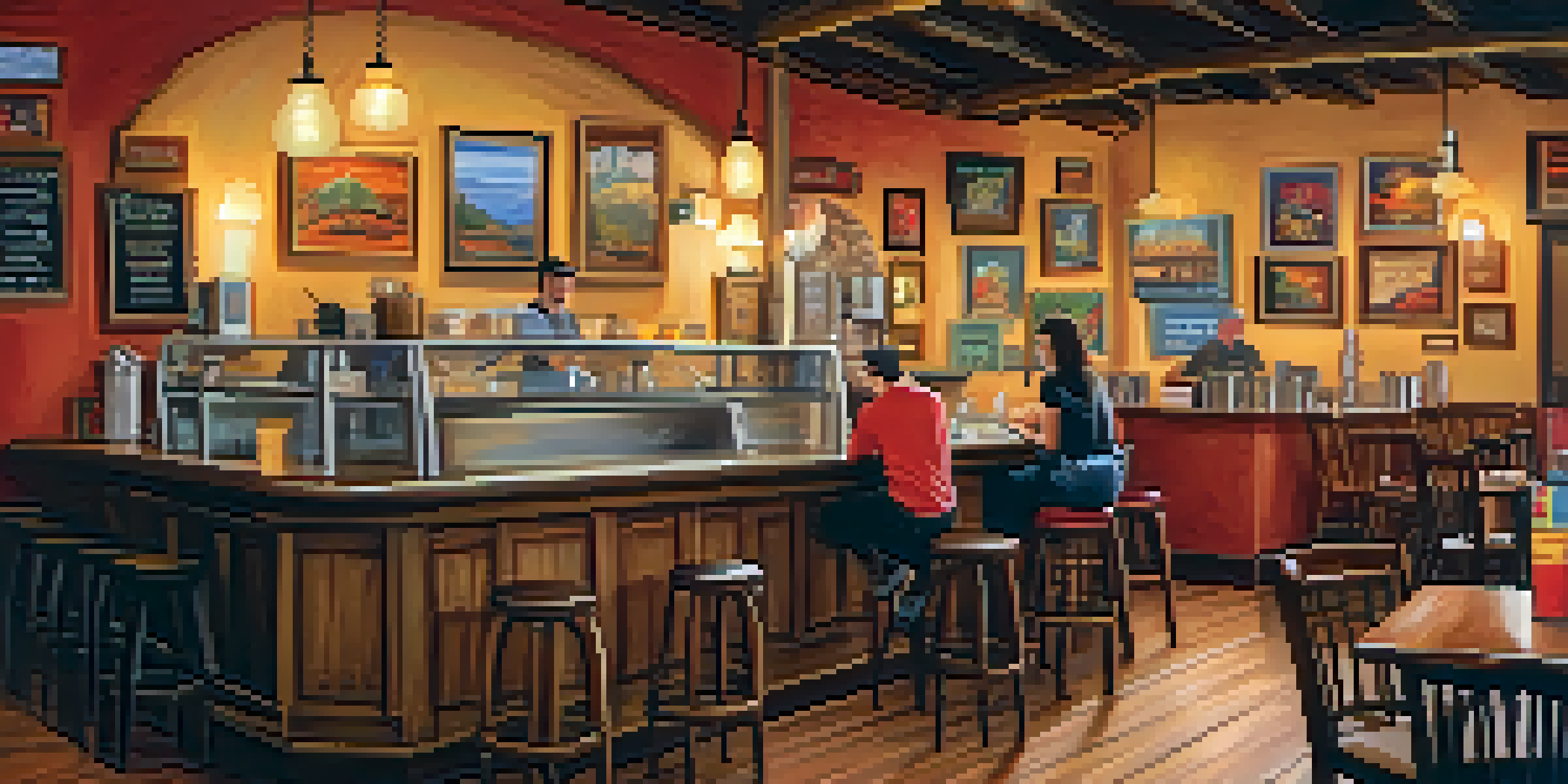 Interior of a cozy cafe in Tucson, with wooden furniture, colorful artwork, and a barista serving coffee to patrons.