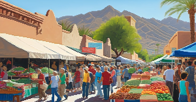 A lively street market in Tucson with colorful stalls and diverse people interacting under bright banners and cacti.