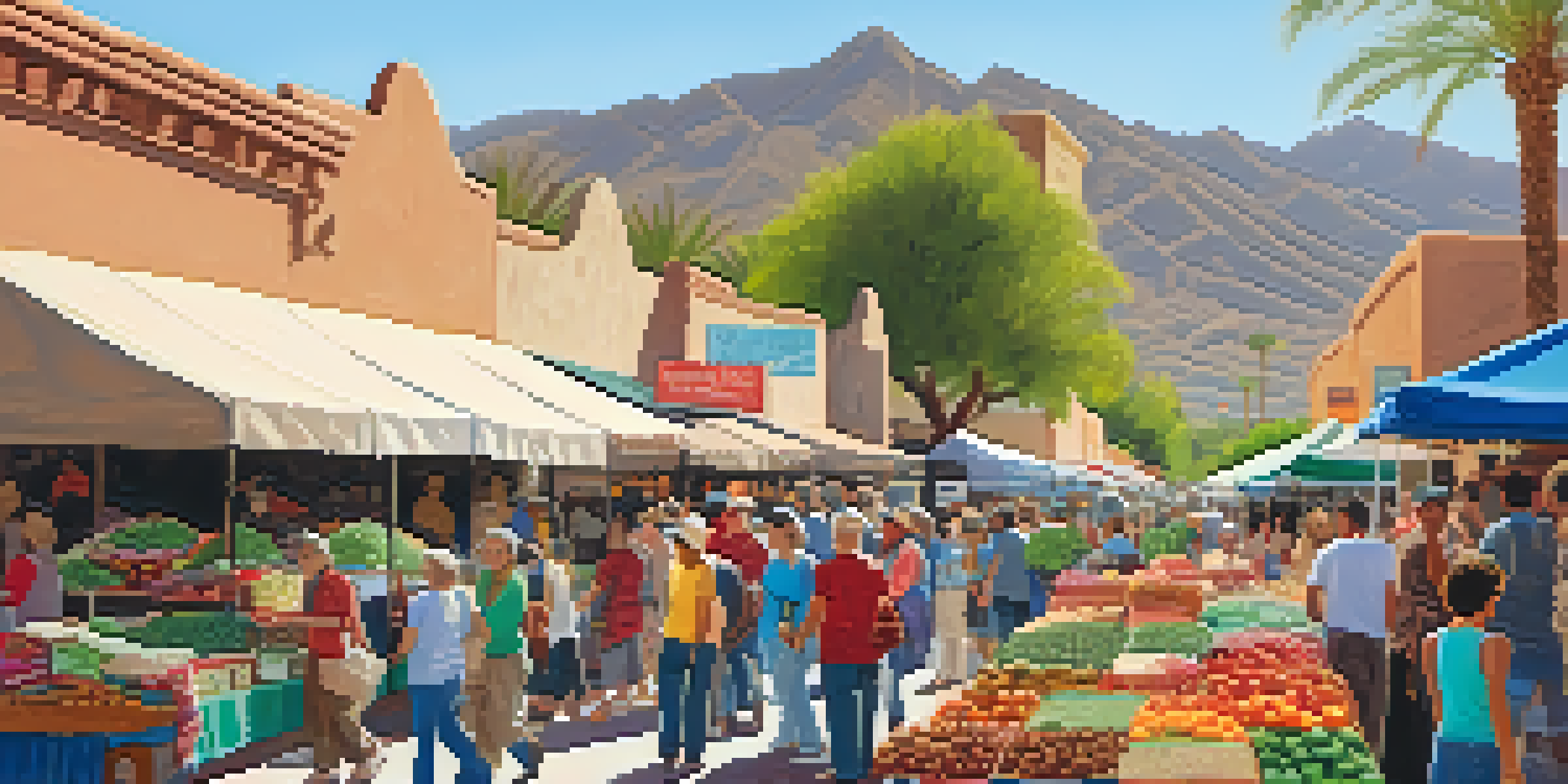 A lively street market in Tucson with colorful stalls and diverse people interacting under bright banners and cacti.