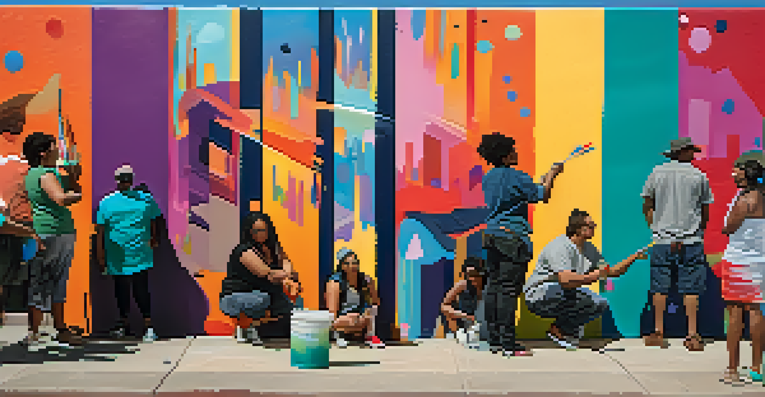 An artist painting a mural with community members around, surrounded by vibrant colors and city life, showcasing collaboration.