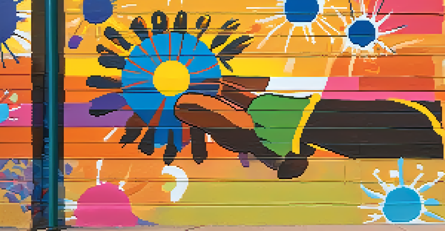 A close-up of a student's hands painting a colorful mural that reflects Tucson's cultural heritage, with paint splatters and brushes around, in warm afternoon light.
