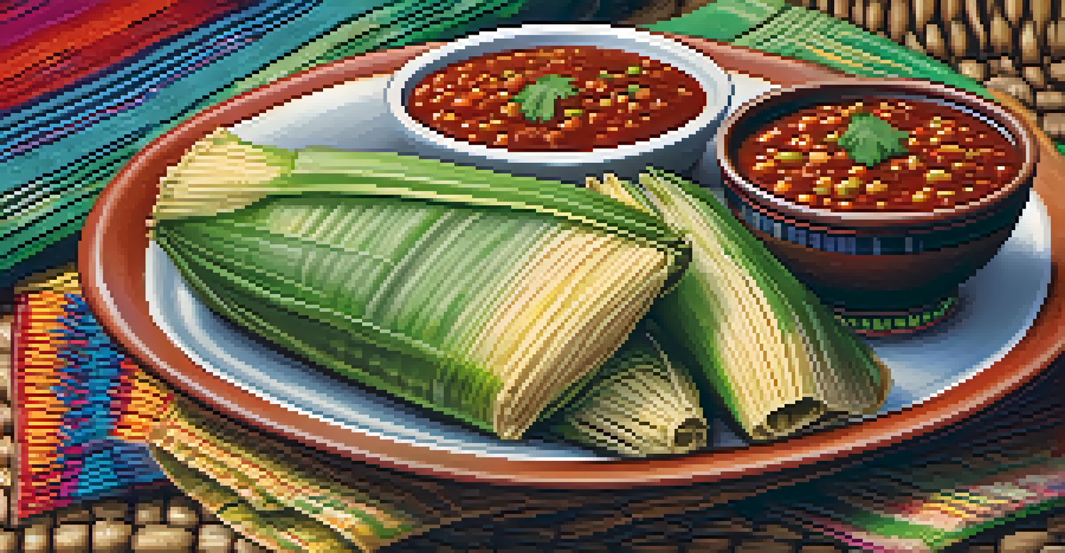 A plate of steaming green corn tamales next to a bowl of spicy salsa, set on a traditional textile in a rustic kitchen.