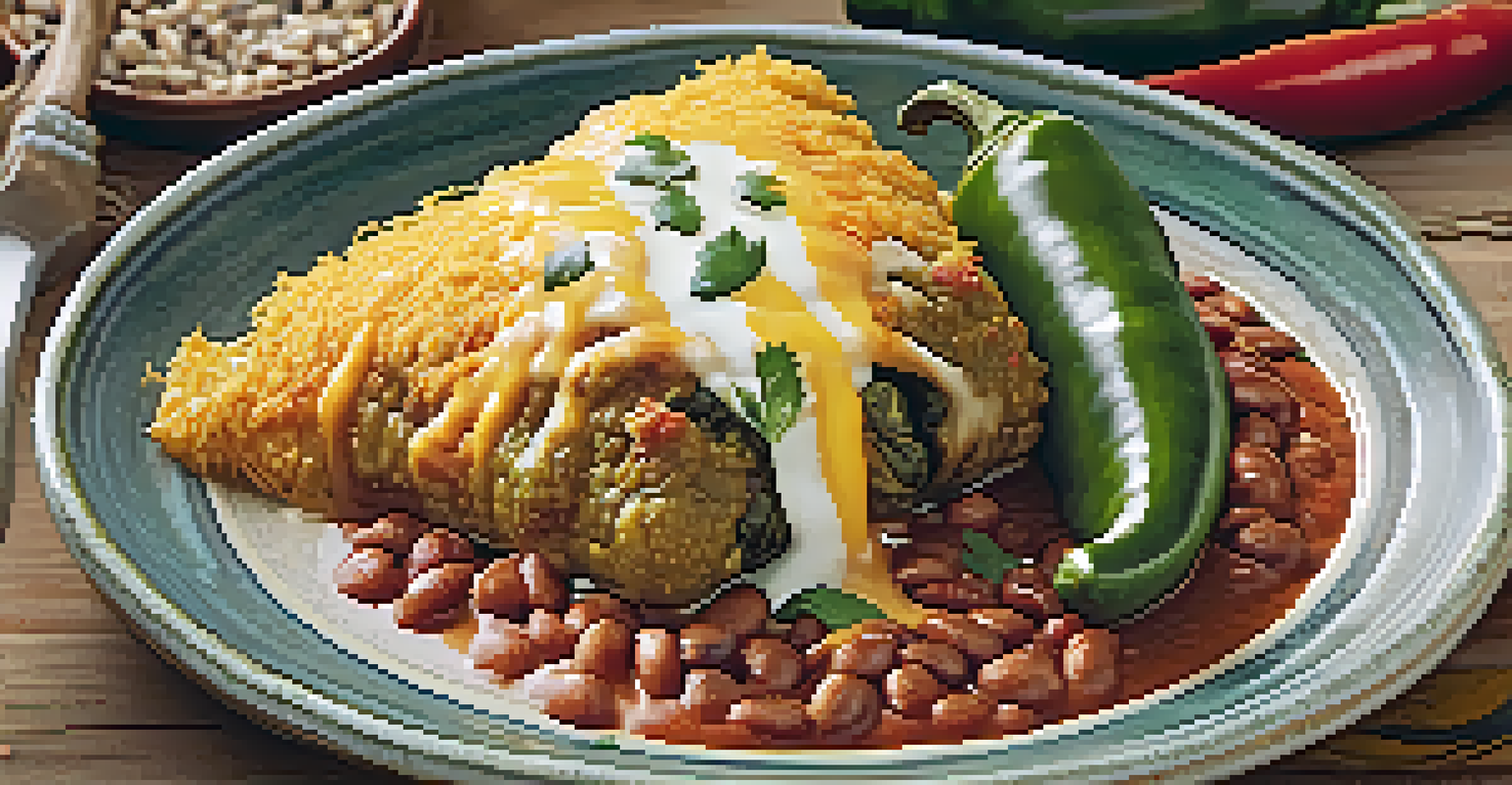 Golden chiles rellenos stuffed with cheese, served on a ceramic plate with rice and beans.