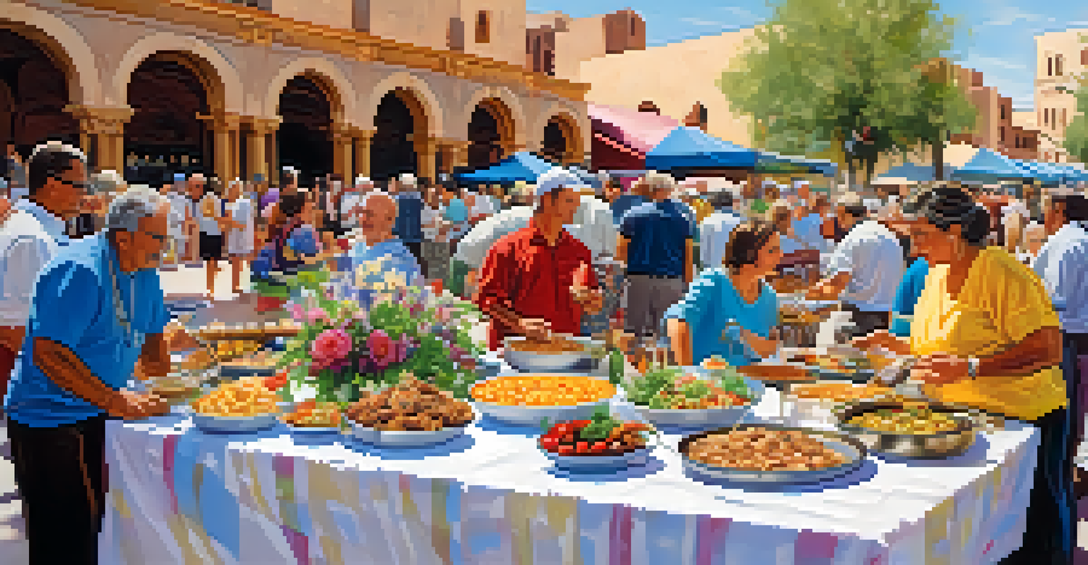 A festive scene showcasing local Mediterranean dishes on tables, with colorful decorations and attendees sampling food.