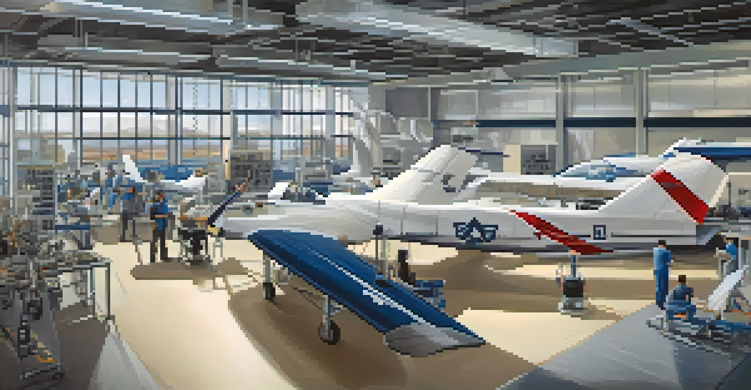Students working in a modern aerospace engineering lab filled with advanced aircraft models and high-tech equipment.
