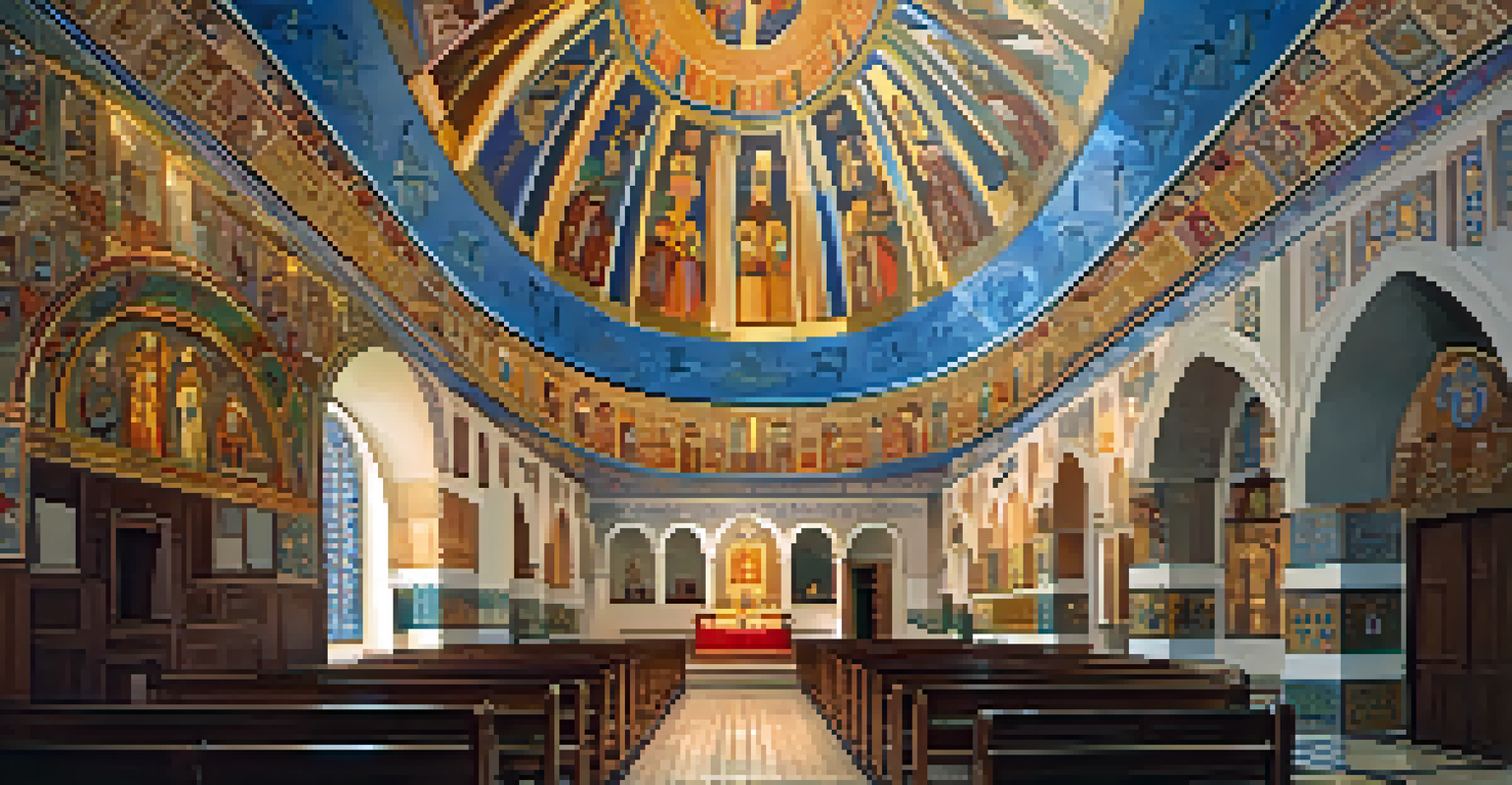 An interior view of a Greek Orthodox church showcasing colorful mosaics and rich decorations under warm lighting.