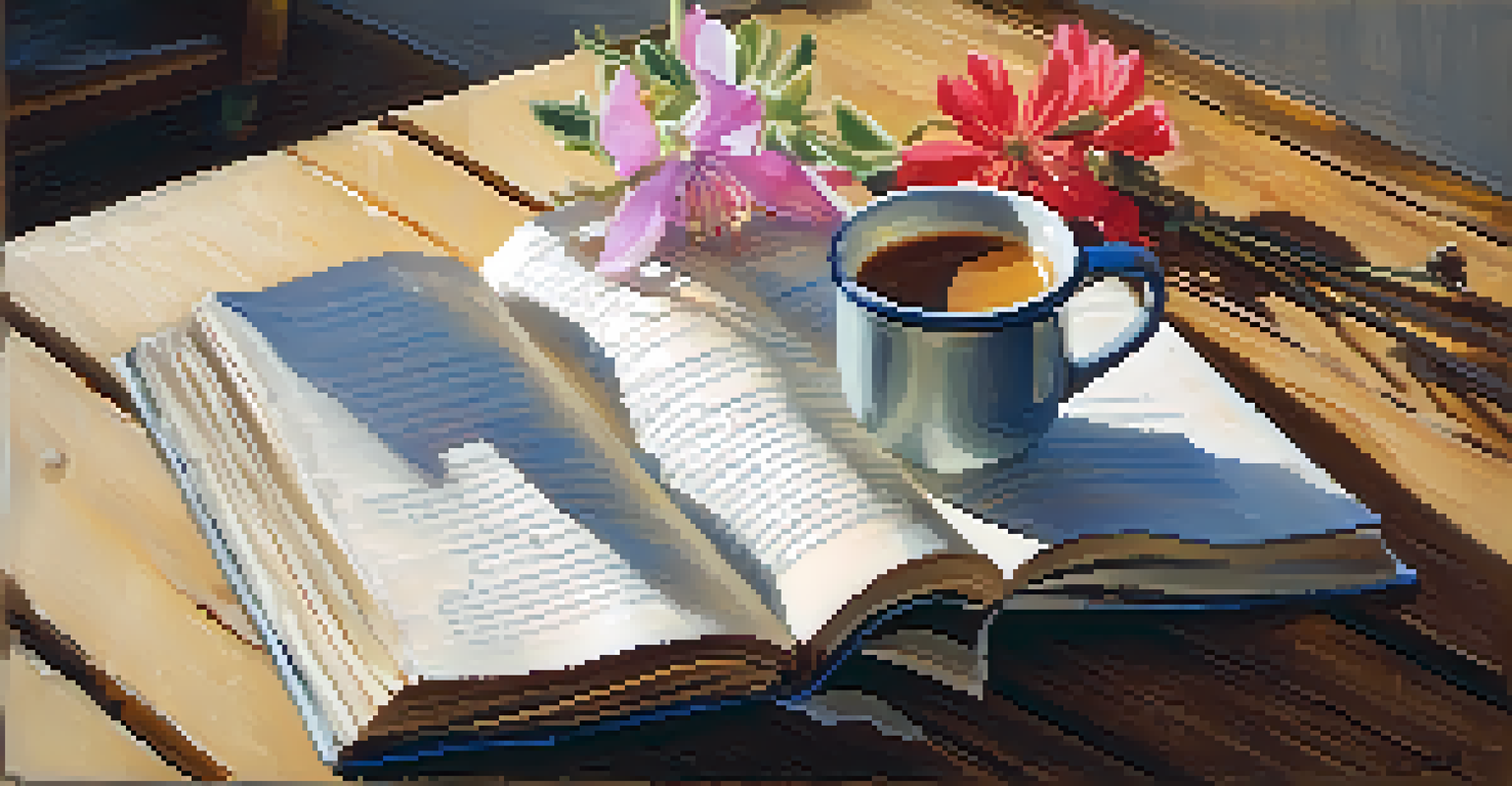 A close-up of an open book with handwritten notes, a cup of coffee, and a desert flower, illuminated by soft natural light.