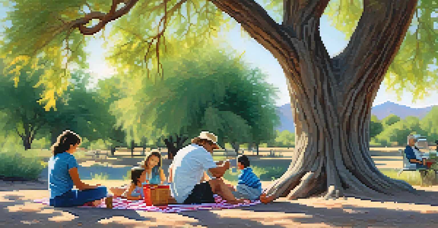 A family having a picnic on a blanket under a tree along Tucson's rail trails, with children playing and a park in the background.