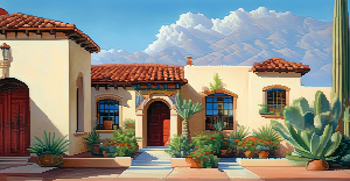 A sunny Tucson neighborhood showcasing Spanish Colonial Revival homes with stucco walls and red-tiled roofs, surrounded by lush greenery.