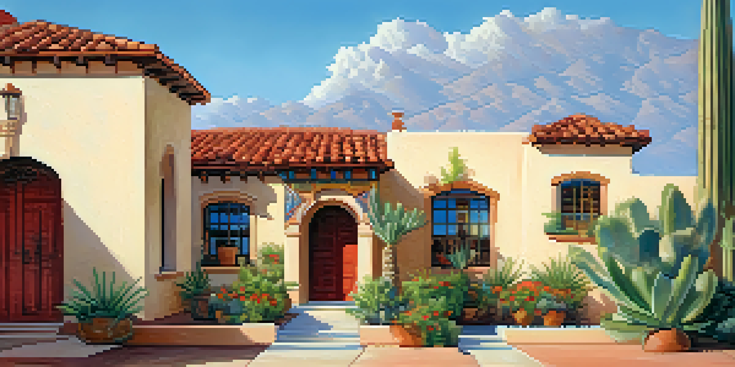 A sunny Tucson neighborhood showcasing Spanish Colonial Revival homes with stucco walls and red-tiled roofs, surrounded by lush greenery.