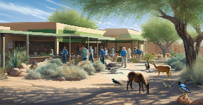 A wildlife rehabilitation center in Tucson with volunteers caring for various animals under the sunlight.