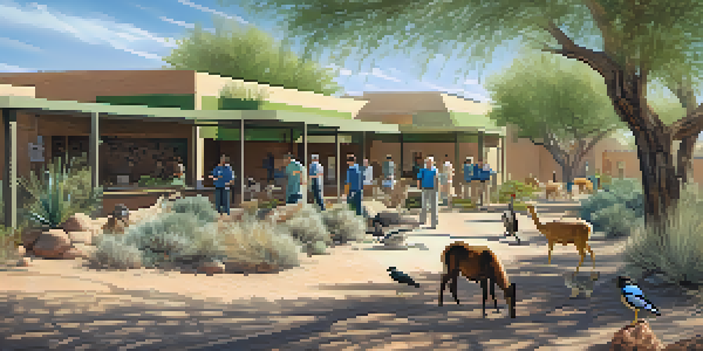 A wildlife rehabilitation center in Tucson with volunteers caring for various animals under the sunlight.