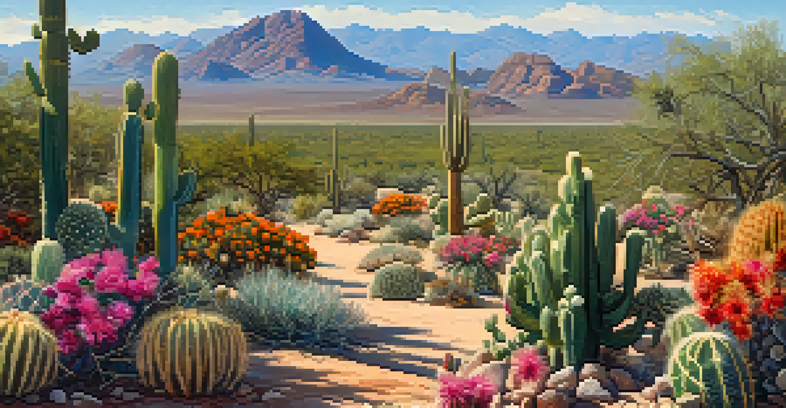 A wide landscape shot of the Sonoran Desert with different cacti and mountains under a clear blue sky.