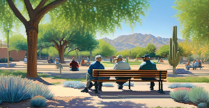 A group of diverse veterans sitting on a bench in a park, having a conversation under a blue sky with trees and flowers around them.