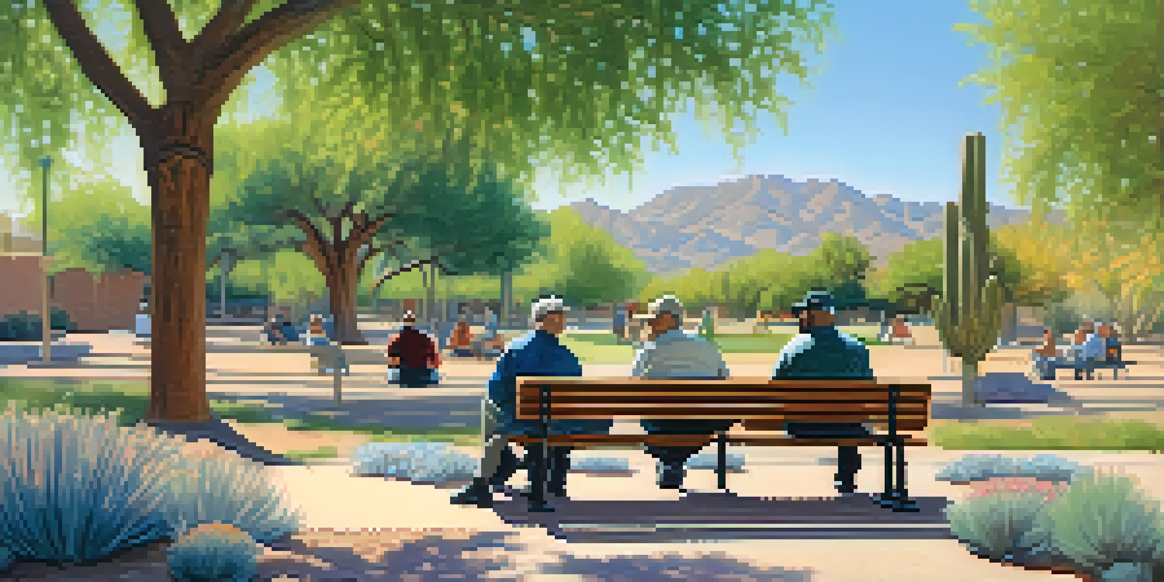 A group of diverse veterans sitting on a bench in a park, having a conversation under a blue sky with trees and flowers around them.