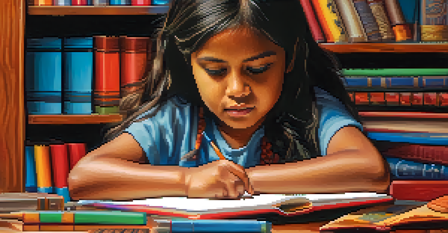 A young Yaqui child using a tablet to learn the Yaqui language, surrounded by books and crafts.