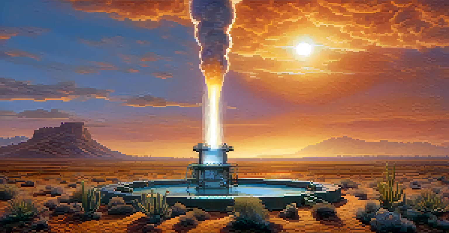A close-up of a geothermal well with steam, surrounded by desert plants and mountains at sunset.