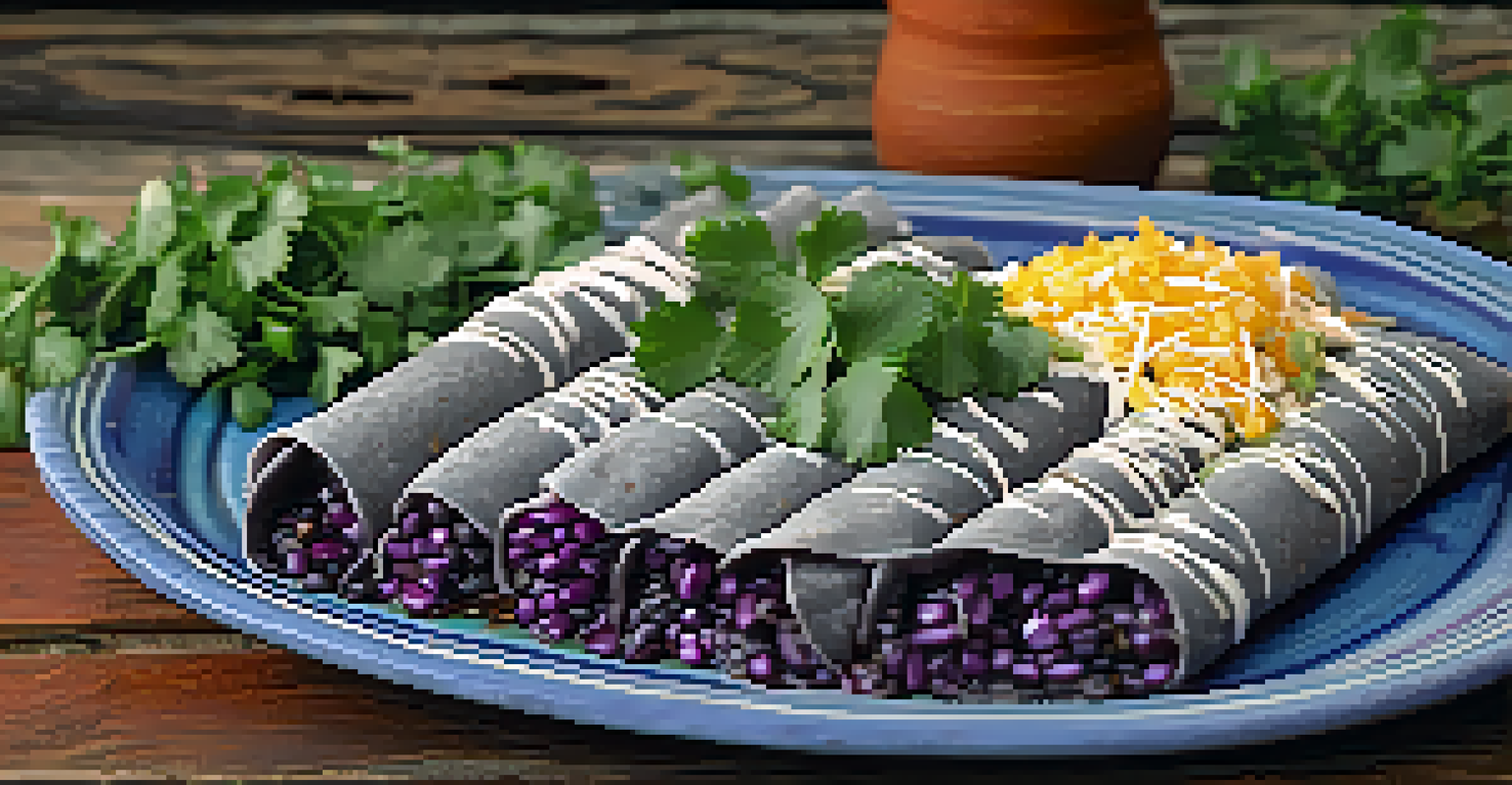 A plate of blue corn enchiladas garnished with herbs, set on a rustic wooden table with traditional pottery.