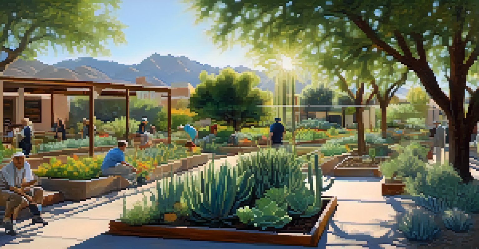 A peaceful community garden in Tucson with residents gardening, under sunlight filtering through trees, highlighting environmental health.
