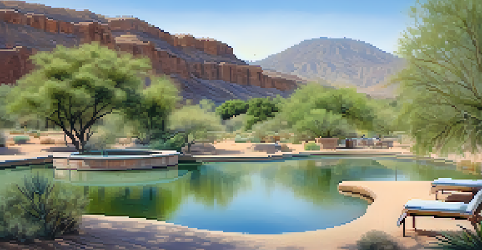 A serene hot spring surrounded by green plants and desert scenery, with birds perched on branches and a soft morning sky.